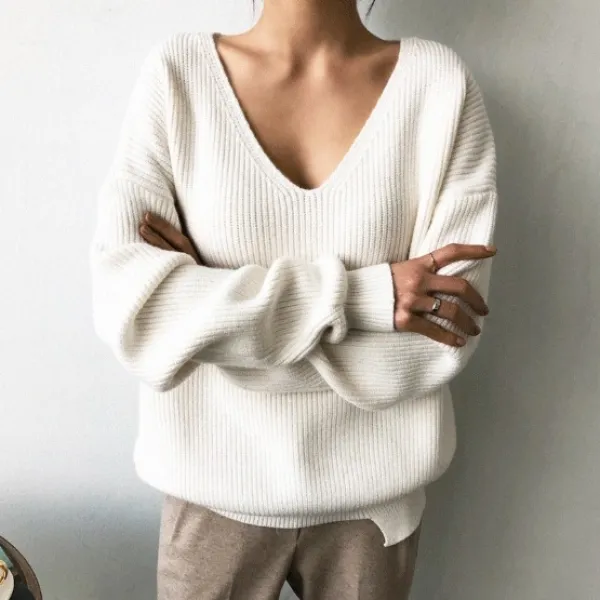  인사이드 봄 가을 여성용 루즈핏 브이넥 언발란스 여성 니트