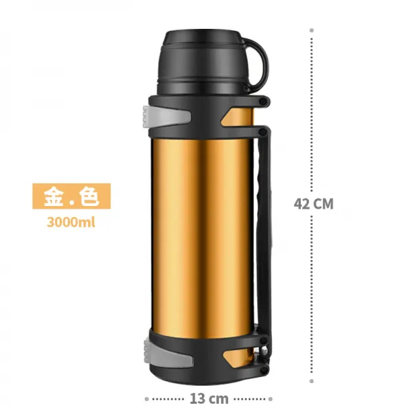 스테인리스강 대용량 휴대 보온 주전자 자가용차 물컵 2리프트 보온병 3000ML 아웃도어 여행 보틀, 골드 3000ML