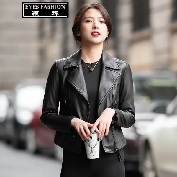 EYES FASHION 진짜 가죽 여성용 가죽옷 짧은 옷차림 수입하다 면양가죽 외투 봄가을 새로운 스타일 슬림핏 재킷 캐주얼 얇은 모양 기관차복 스탠드 칼라 상의