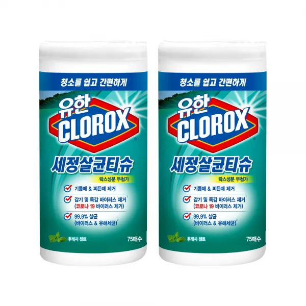 유한양행 [본사직영] 유한크로락스 세정살균티슈 후레쉬 센트 75매, 559g, 2개