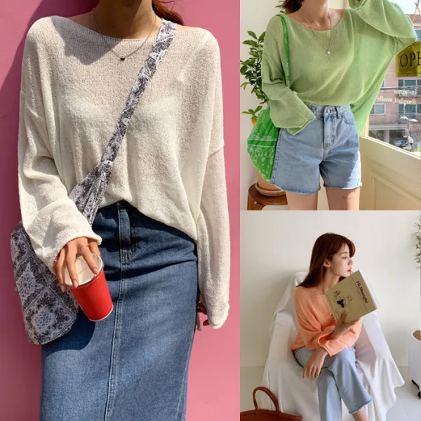 온더리버 스윗 부클 보트넥 루즈핏 니트 베이직 여성 간절기 봄 데일리 기본니트 오버핏 시스루