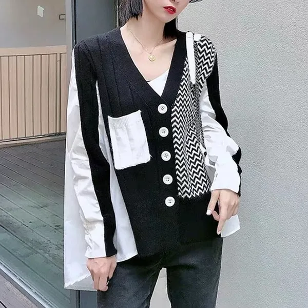 소문난여자옷 믹스 셔츠 배색 가디건 지그 반반 언발 가디건(세일상품 다음날출고)