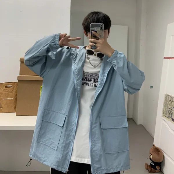 사운드영 바람막이 남 슬림 배기 여름 스 실크 코트 얇은 아우터 가벼운 옷차림 깡패 멋쟁이 트렌드 게으름 바람 bf