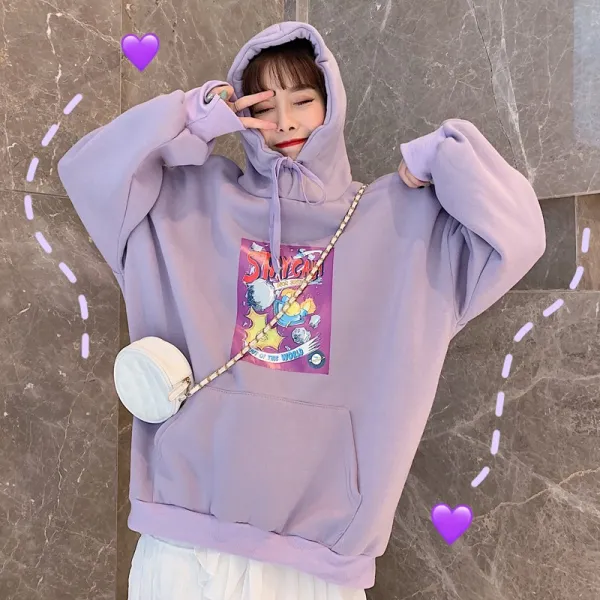 데일리룩 패션 귀여운 데일리룩 프린트 루즈핏 후드티셔츠