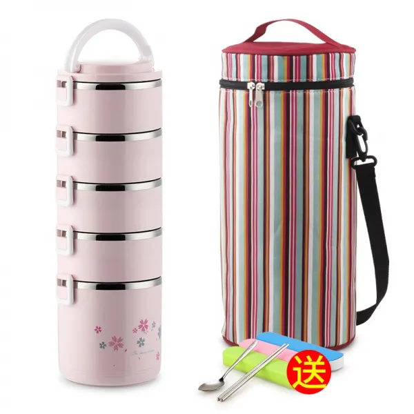 학생 304 스테인리스 스틸 맥시 보온 도시락 레이어드 대용량 통직장인 있음 밥휴대 더블레이어, 신속사정 핑크 5단 식기를 함 보온가