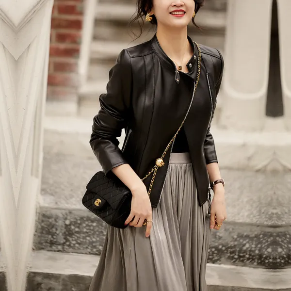 EYES FASHION 진짜 가죽 여성용 가죽옷 짧은 옷차림 수입하다 면양가죽 외투 봄가을 새로운 스타일 슬림핏 재킷 한국판 캐주얼 얇은 모양 상의 오피스 간략하다 기관차복 차이