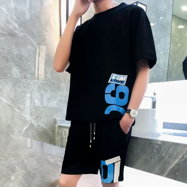 잘 생긴 여름 정장 트렌드와 트렌디 한 남자의 반소매 T 셔츠 남성 그물 빨간색 느슨한 동정심 셔츠 남성 정장, 9001 올 블랙 (세트) + L