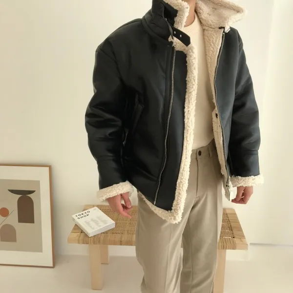 아르페 남자 겨울 미니멀 세미 오버핏 양털무스탕점퍼