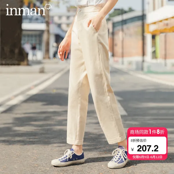 여자린넨바지 INMAN2020봄패션 뉴타입 아트 코디하기쉬운 순면 하이웨스트 호주머니 루즈핏 날씬해보이는 심플 9부바지 여성