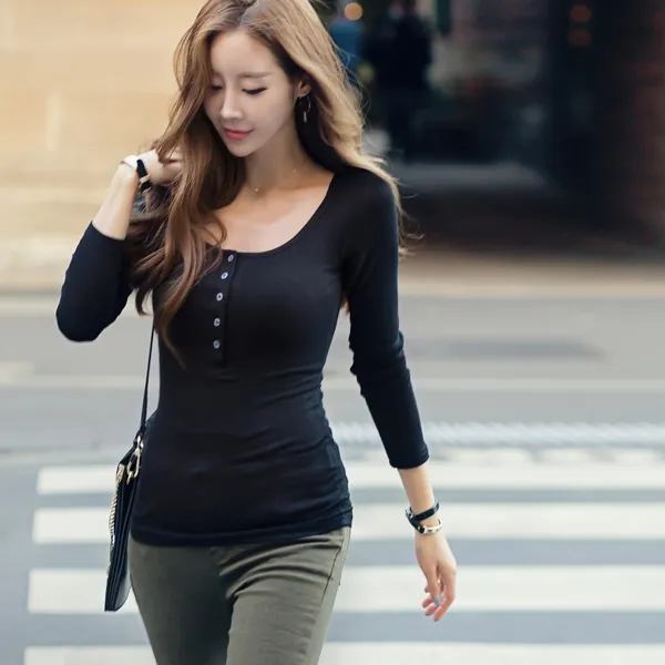 금찌 금찌 가슴이 커보이는 헨리넥 긴팔티 ts5182t