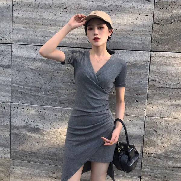 도깨비몰 여성 글램 섹시 캐쥬얼 브이넥 언밸런스 미니 원피스