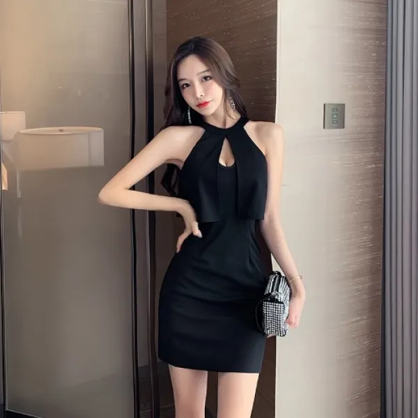 숏 블랙 평소 양장 미니 드레스다 셀럽 섹시 가슴앞 펀칭 목걸이 어깨트임 오프 숄더 원피스