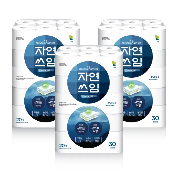 자연쓰임 블루 무형광 화장지 3겹 30롤, 3팩