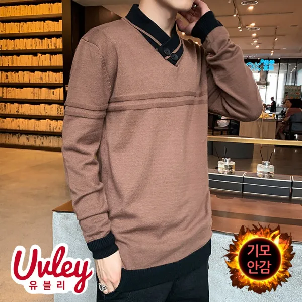 유블리 남성 저렴한 이너룩 대학생룩 따뜻한 브이넥디자인 브이넥니트 독특한 블랙니트 화이트니트 안감기모 이너웨어 이너니트 니트티셔츠 반폴라 목폴라 목이따뜻한 배색니트 데일리룩 캐주얼룩 예쁜핏 예쁜니트 인스타패션 슬림핏 루즈핏 니트 티셔츠 UV116HJ