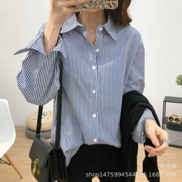 위파인더 빈티지 블루 스트라이프 셔츠여 2020 봄옷 루즈핏 슬림 긴소매 이너 코트