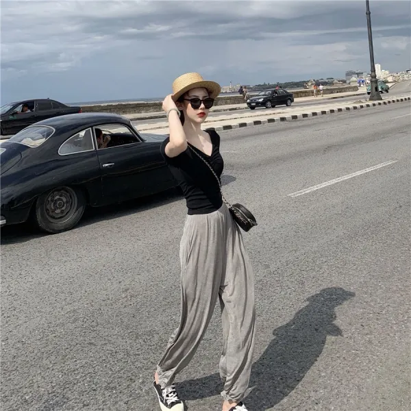 여름 스키니 슬림핏 티셔츠 여성 커버 밴딩웨스트 조거팬츠 청상 캐쥬얼 긴바지