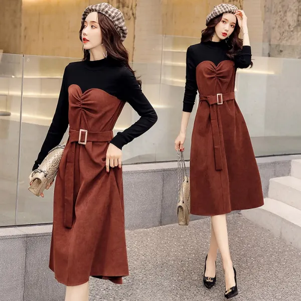 Okseller1 럭셔리 숙녀룩 하트넥 셔링 스웨이드 미디원피스