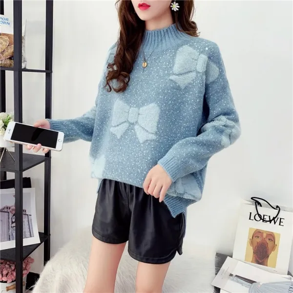 초록무역 해외배송 페미닌룩 리본패턴 터틀넥 루즈핏니트