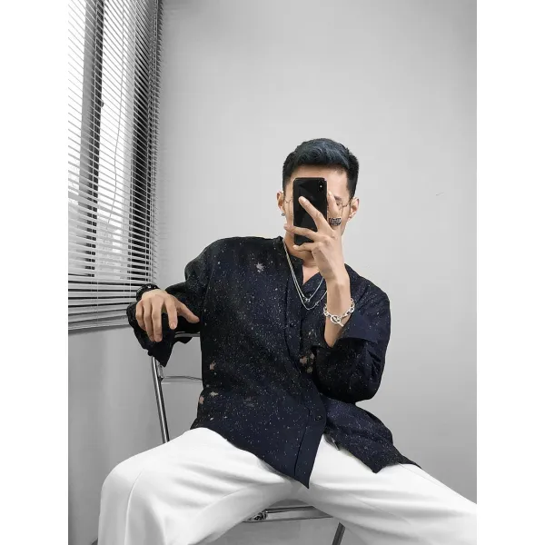 긴소매 용이 신장의 솜을 중얼거리다 별이총총한하늘 파랑와이셔츠 남자 봄계절 트렌드 루즈핏 건달카리스마 2264392031