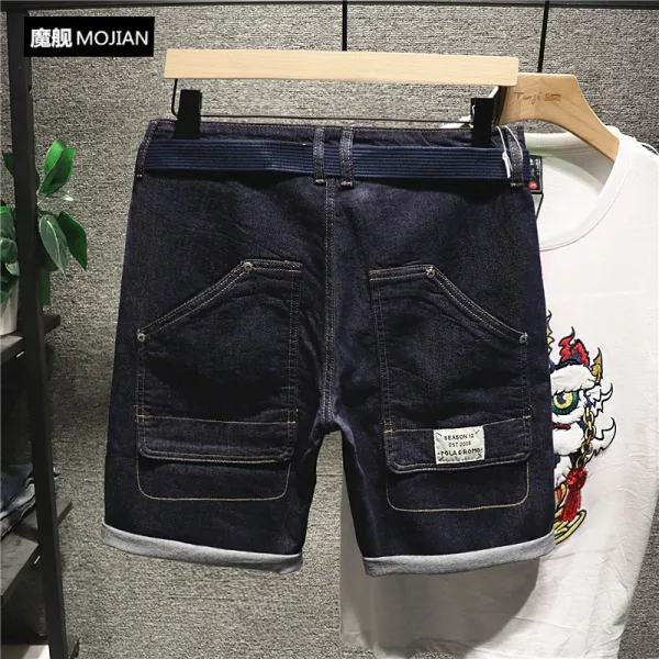 Himan 오리지널제작 가죽 끈에 원색 뒷주머니 디자인 데님반바지 남성 트렌드 스트레이트핏 일자 오부바지