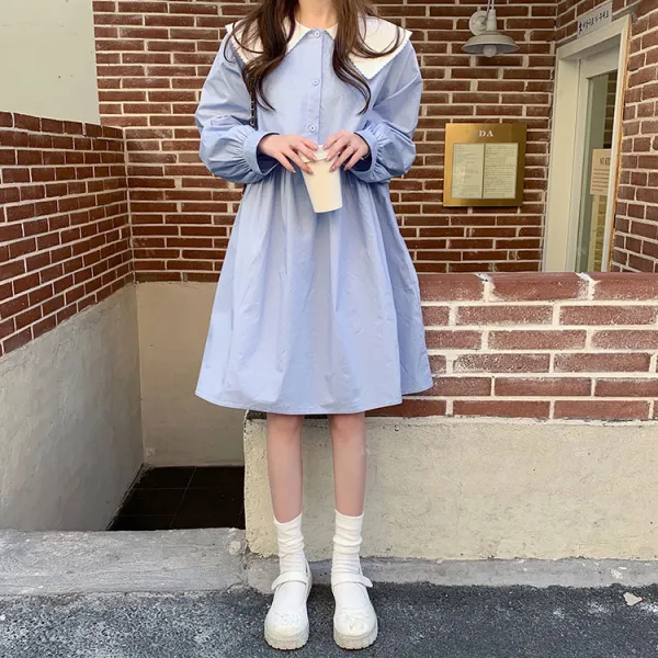 봄빛 빅사이즈 오버핏 스티치 양브이 빅카라 플레어 미니 셔츠 원피스