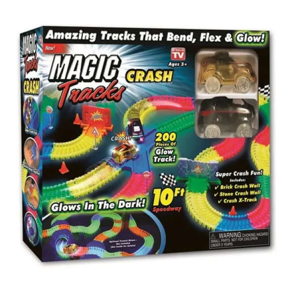 Ontel Magic Tracks Crash-어두운 경마장에서 2 대의 경주 용 자동차와 10 피트의 유연하고 구부릴 수있는, 한 가지 색
