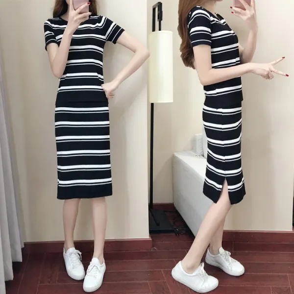 패션이루 슬림핏 반팔 티셔츠 H라인 스커트 세트 오피스룩 여자