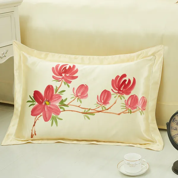 베개커버 자재화 누에실 양면 순견사 베게커버 여름 싱글 성인 실크 풀 세트택배 C04 도취된 홍얀 1개 1733