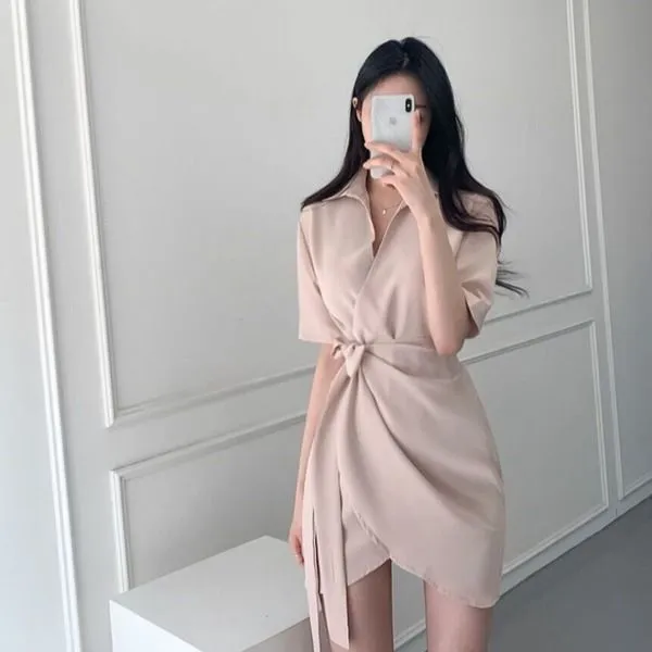 우아한 랩스타일 여름 결혼식 하객 상견례 옷차림 허리 끈 미니 원피스 (3color)