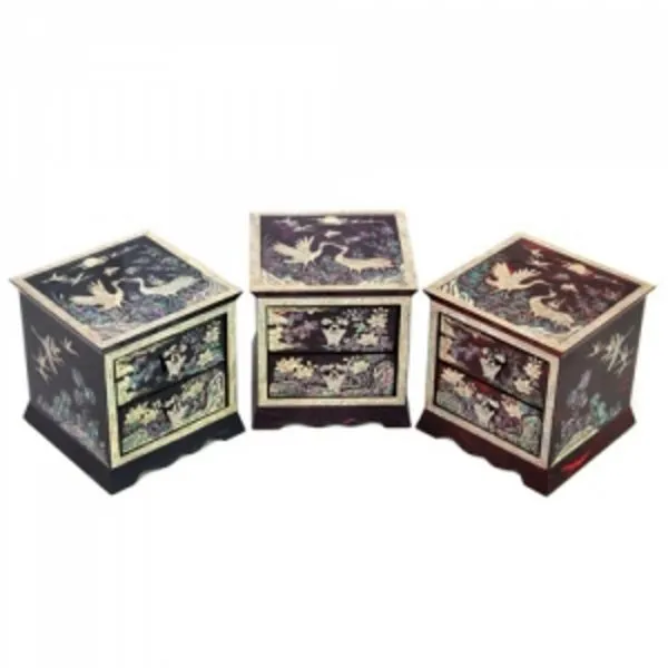 설합 2단 꽃송학 한지 보석함 적색