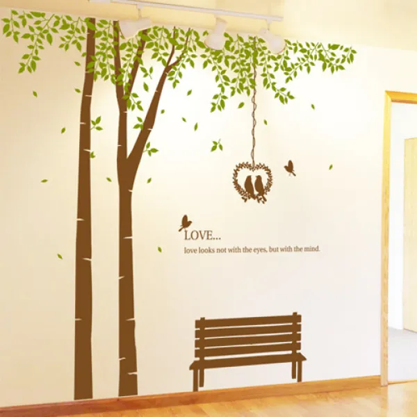 그래픽스티커 pk098-자작나무숲속나만의안식처 디자인스티커 인테리어스티커 유리스티커 포인트스티커 데코스티커, 샌드브라운+라이트올리브-A타입-좌측나무