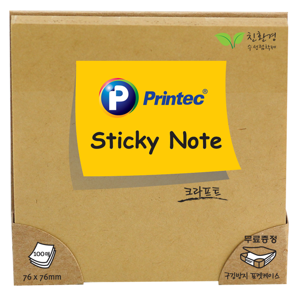 [프린텍] 파스텔 스티키 노트 76X76mm 노랑 핑크 파랑 연두 백색 주황 보라 크라프트 100매, 7676K (크라프트)