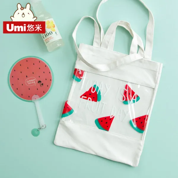 UMI 창조적 인 남성과 여성 어깨 가방 학생 수업료 과일 투명 입학 패키지 큰 손 가방 캔버스