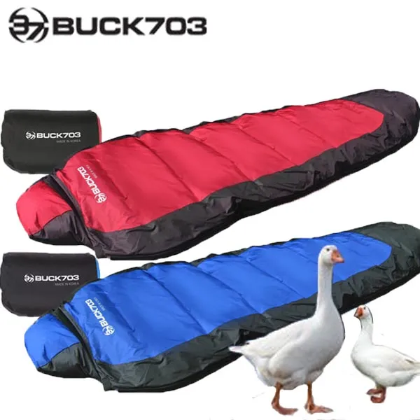 BUCK703 이중고밀도 거위털침낭+에어베개증정 겨울침낭 동계침낭 캠핑침낭, 블루