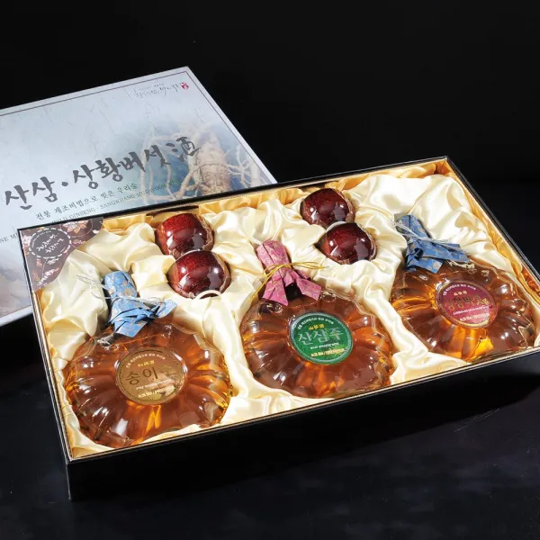 백운주가 백운명주 30호 송이주 산삼주 상황버섯주, 1세트, 송이주500ml+산삼주500ml+상황버섯주500ml+도자기잔4