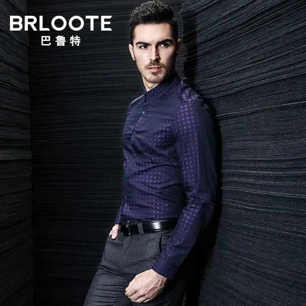 Brloote / 발룻 남성면 웨이브 포인트 긴팔 셔츠 남성 비즈니스 캐주얼 셔츠 슬림 가을 (16)