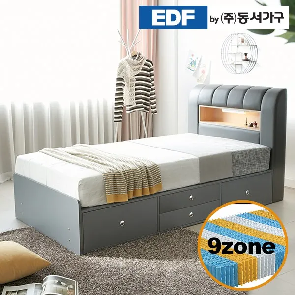 동석가구 라임 서랍형 LED 수퍼싱글침대(9존독립매트리스) DF637076, 그레이메이플 콤비