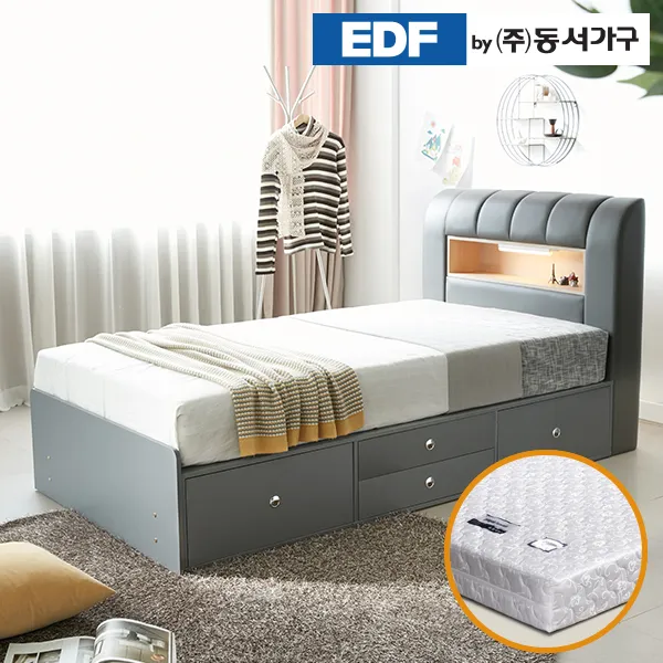 동석가구 라임 서랍형 LED 수퍼싱글침대(양면매트리스) DF637074, 그레이