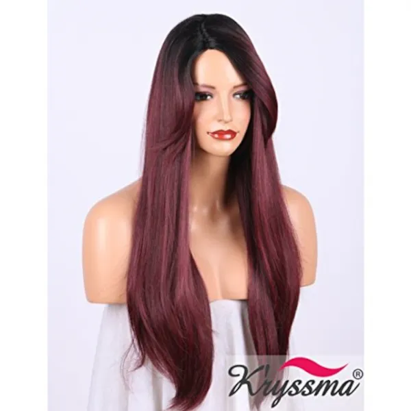 K'ryssma 옹 브르 부르고뉴 합성 가발 강간 긴 자연 스트레이트 블랙 뿌리 99j 깊은 와인 레드 옴브 가발 여성 사이드 가르기