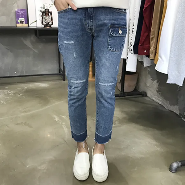 용된다 유니크 포켓 데미지 워싱 컷팅 청바지 뭉크 7409