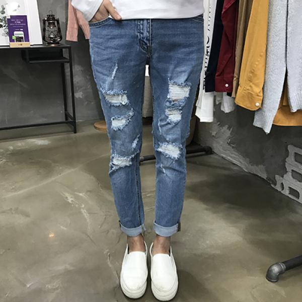 용된다 봄 데님 찢어진 롤업 남자 청바지