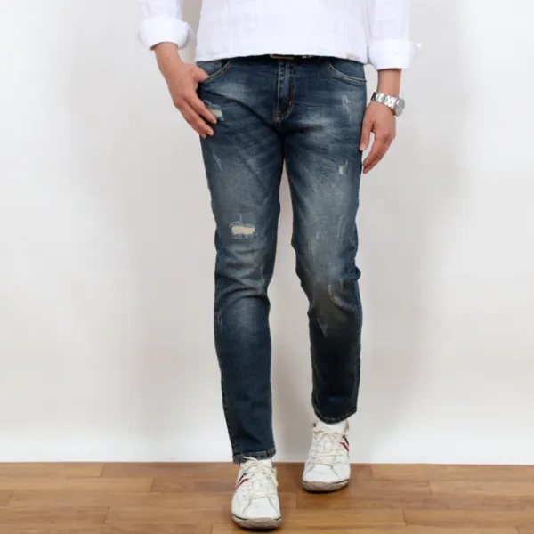 핫코드 남성용 슬림 일자 스판 워싱 디스트로이드 청바지 8044