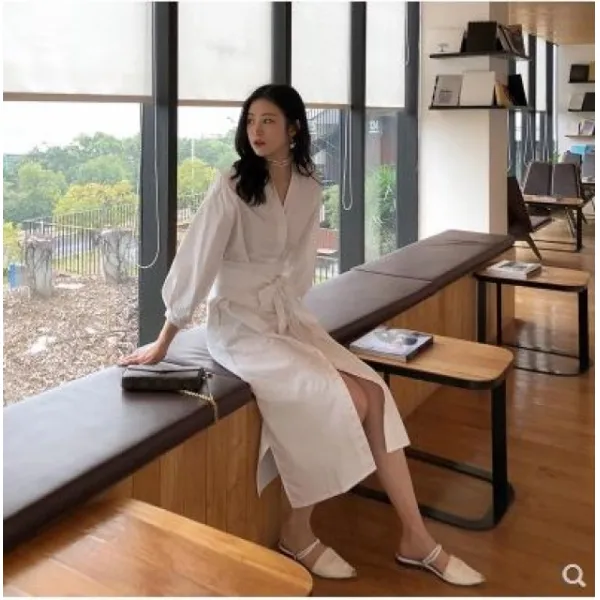（해외직배송）V넥 셔츠랩원피스 하객원피스 정장원피스 여자원피스 결혼식옷차림