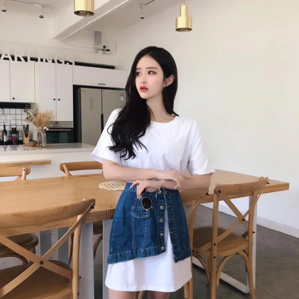 Qterra(특허브랜드) 루즈핏 롱 티셔츠 데님스커트 투피스 원피스 여름신상