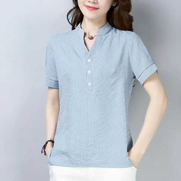 Eastgen Eastgen 여성 반팔블라우스 브이넥 린넨셔츠 스트라이프 차이나카라