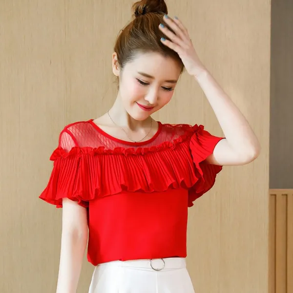 패션이루 프릴 레이스 블라우스 반팔 여성 시스루 여름 쉬폰hsa