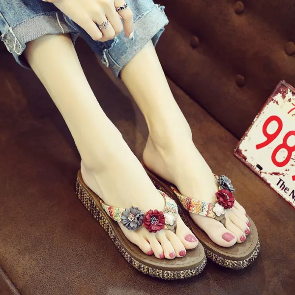 여성 여름샌들 조리 슬리퍼 플라워 코사지 비치 통굽 웨지힐