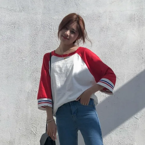 (해외직배송) 학원풍반색칠부소매티셔츠 옷 신상널찍널찍 날씬해보임 레저 바닥상의24453