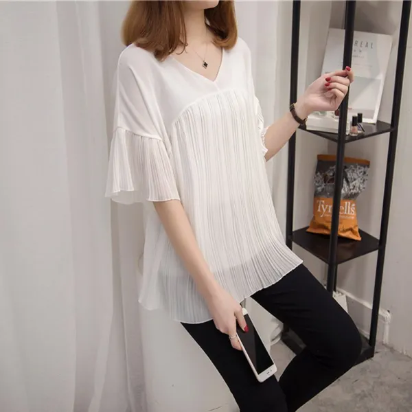 패션이루 빅사이즈 쉬폰 여름 블라우스 브이넥 반팔 롱 여성rma