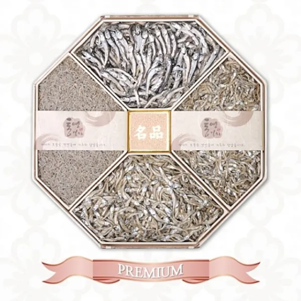 E3 어린이간식 회의간식 국내산 멸치 팔각한지함 4호 선물세트(세멸치350g 자멸치300g 소멸치300g 대멸치300g) 물좋은 남해바다에서 어획한 신선한 멸치만 엄선 학교간식, 4개 1세트, 상세설명참조